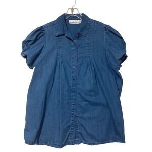 Denim 24/7 Womens 18W Vintage Blue Denim Puff Sleeve Pintuck Button Dress Tunic